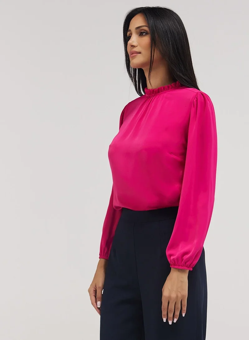 زجزاج بلوزة بأكمام طويلة وتفاصيل عنق - وردي فاقع